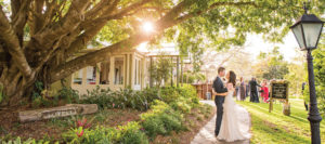 Bride and groom wedding cottage garden